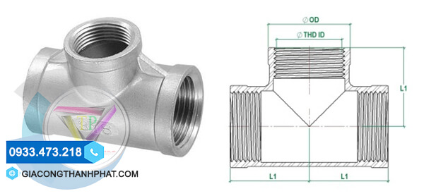 Bản vẽ tê ren đều inox 304, 316