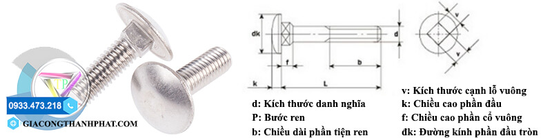 Kích thước bulong đầu tròn, c�?vuông